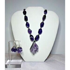 Raw Amethyst Crystal & Jade Bead, Necklace & Earring Set, (0124)